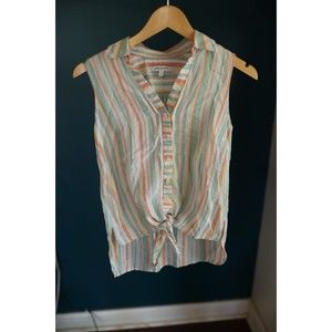 Foxcroft Blouse Size 4 Button Front Sleeveless Striped Pastel Blouse Tie Front